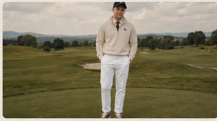 Archer in a bone quarter-zip on open hills